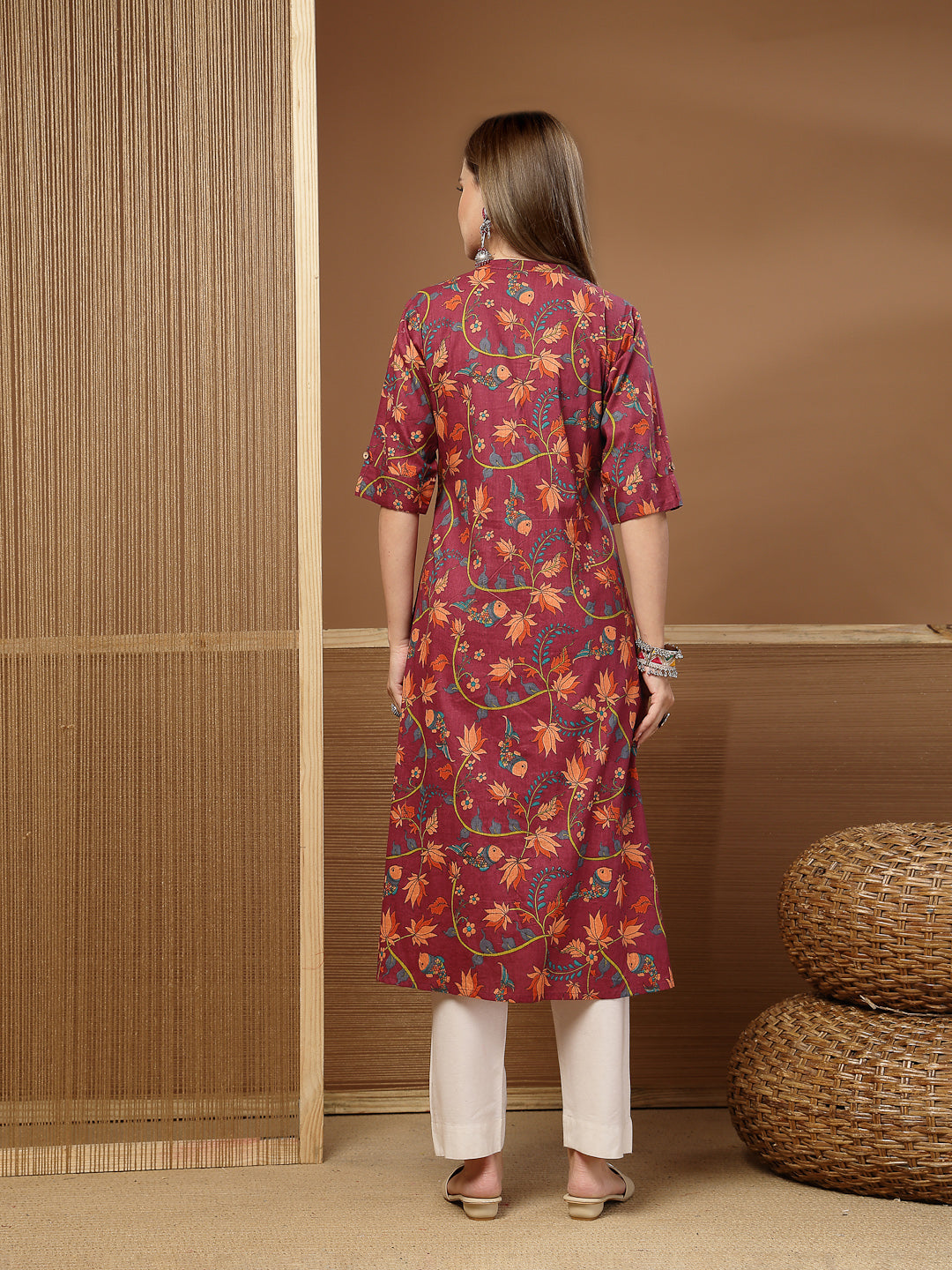 Women's Magenta Floral Printed Cotton A-Line Kurta (MAGENTATRIPURA) | 