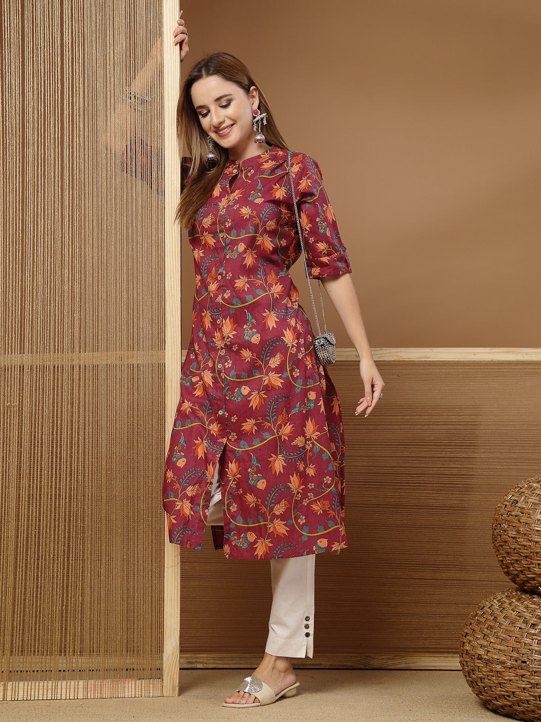 Women's Magenta Floral Printed Cotton A-Line Kurta (MAGENTATRIPURA) | 