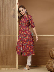 Stylum Women's Magenta Floral Printed Cotton A-Line Kurta (MAGENTATRIPURA)