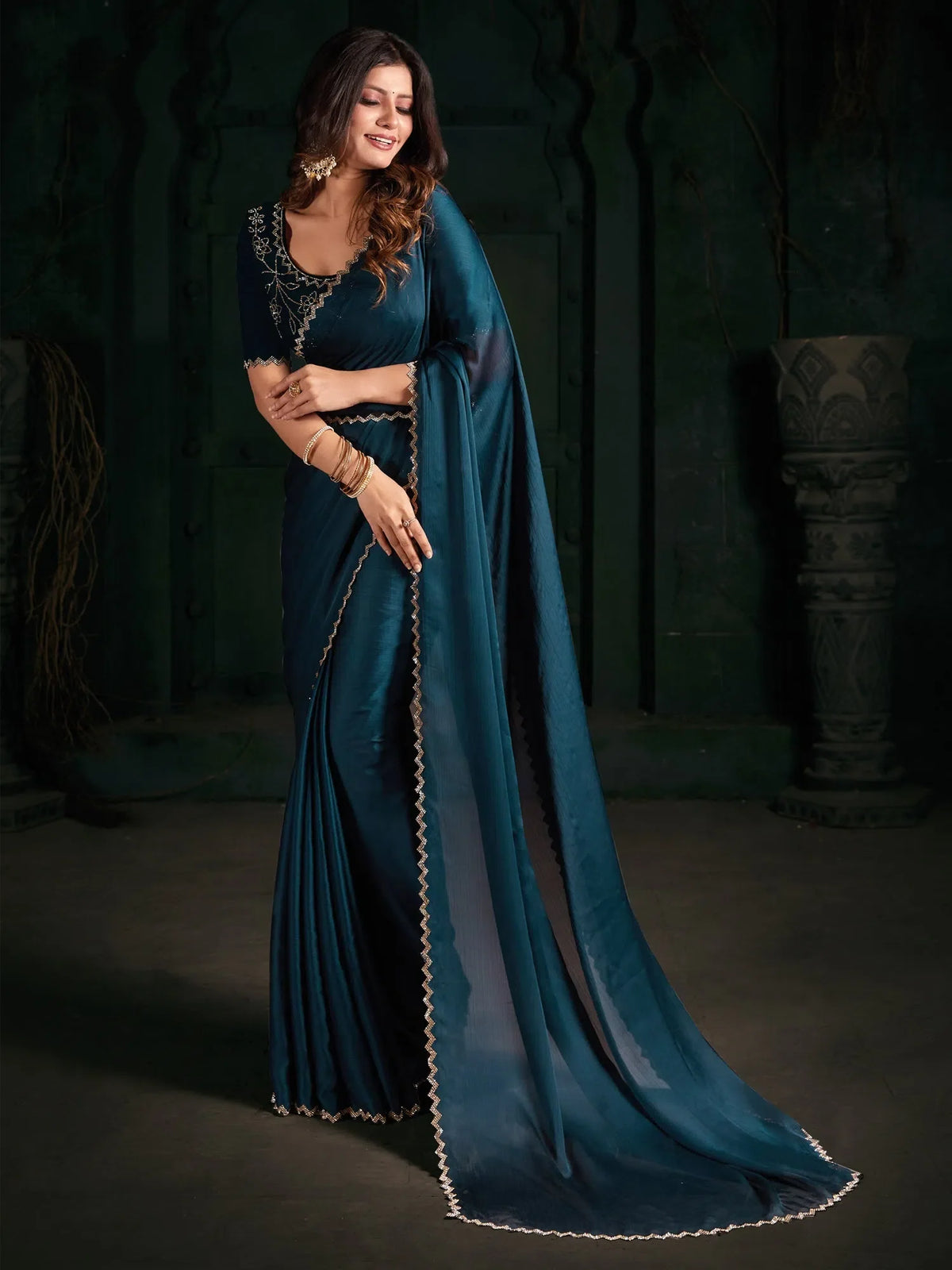 Women's Chiffon Teal Blue Embellished Designer Saree With Blouse Piece-MAHEK720C