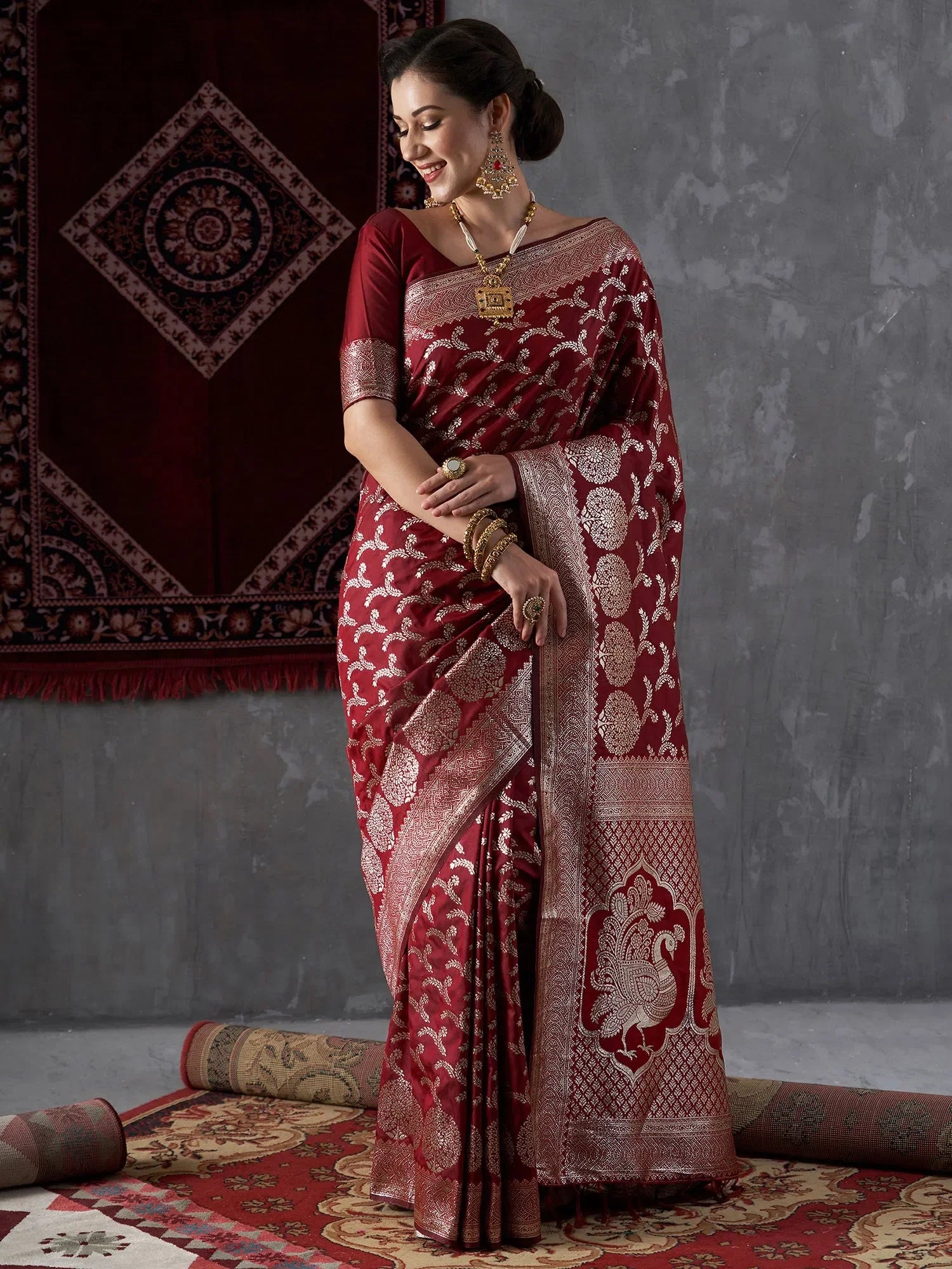 Maroon Designer Saree with Blouse - Indian Sarees
