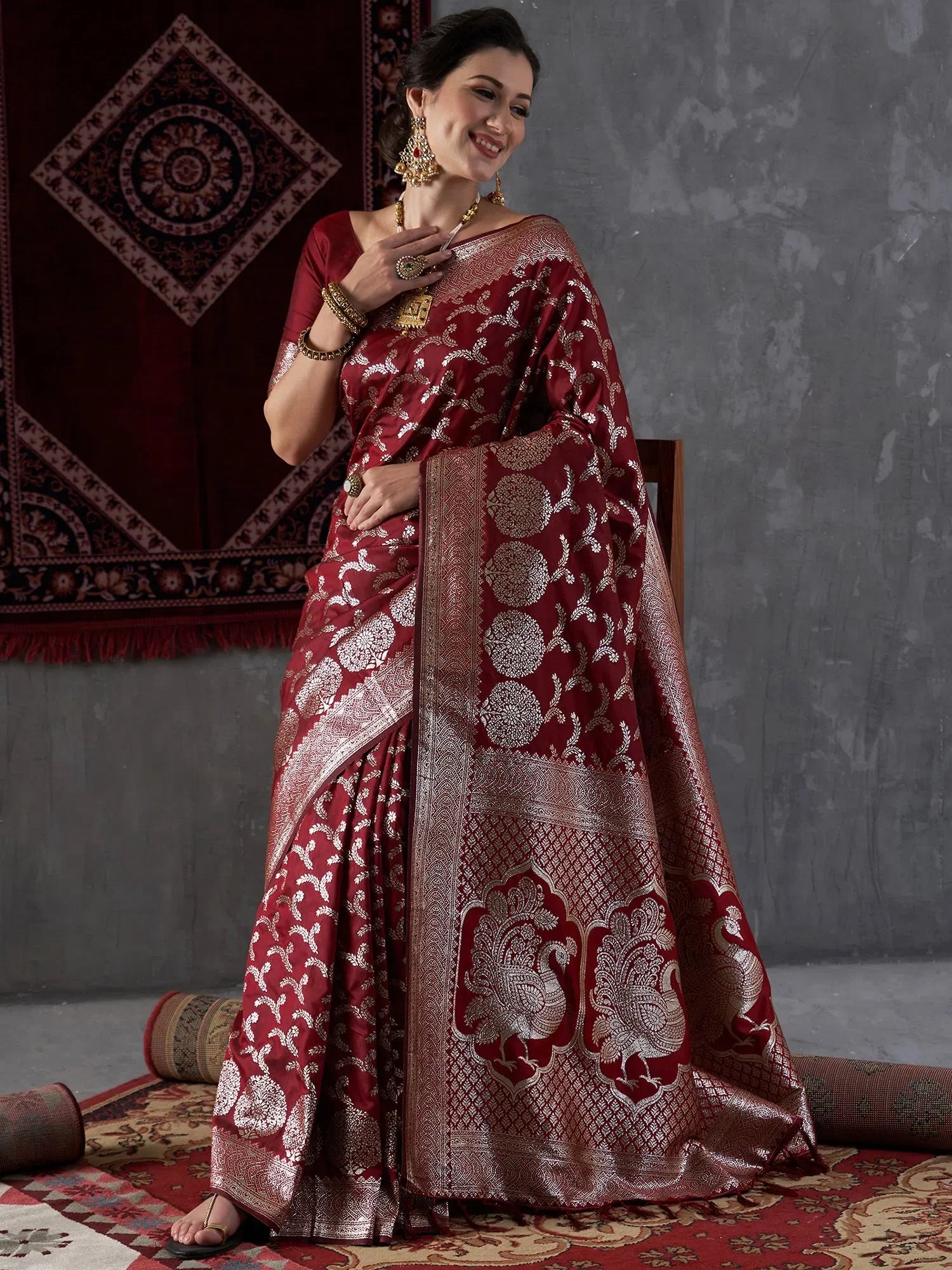 Maroon Designer Saree with Blouse - Indian Sarees