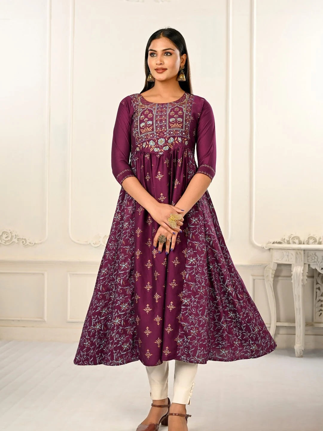 Wine Colour cotton hand print kurti with vibrant patterns