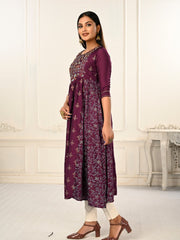 Wine Colour cotton hand print kurti with vibrant patterns-MLWSHKT8019WNE