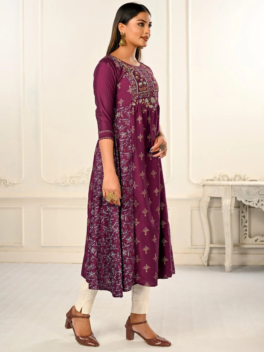 Wine Colour cotton hand print kurti with vibrant patterns