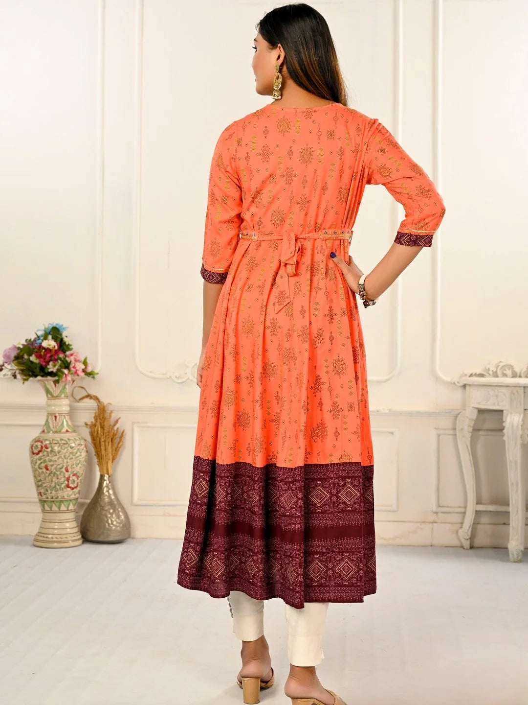 Orange Colour cotton hand print kurti with vibrant patterns