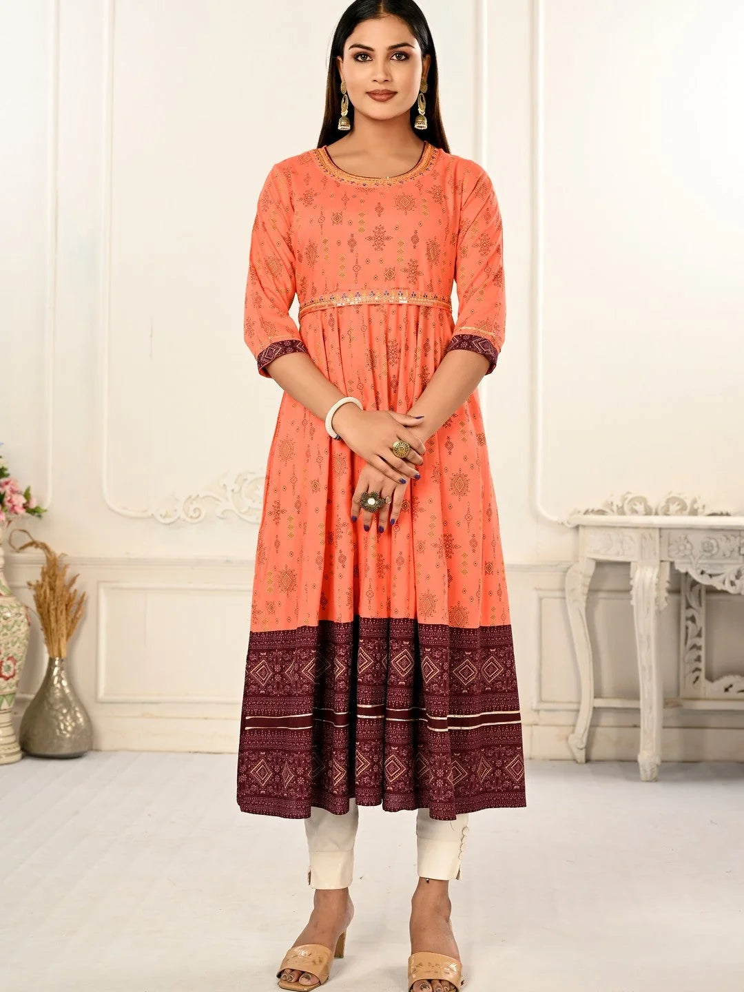 Orange Colour cotton hand print kurti with vibrant patterns-MLWSHKT8020ORG