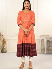 Orange Colour cotton hand print kurti with vibrant patterns-MLWSHKT8020ORG