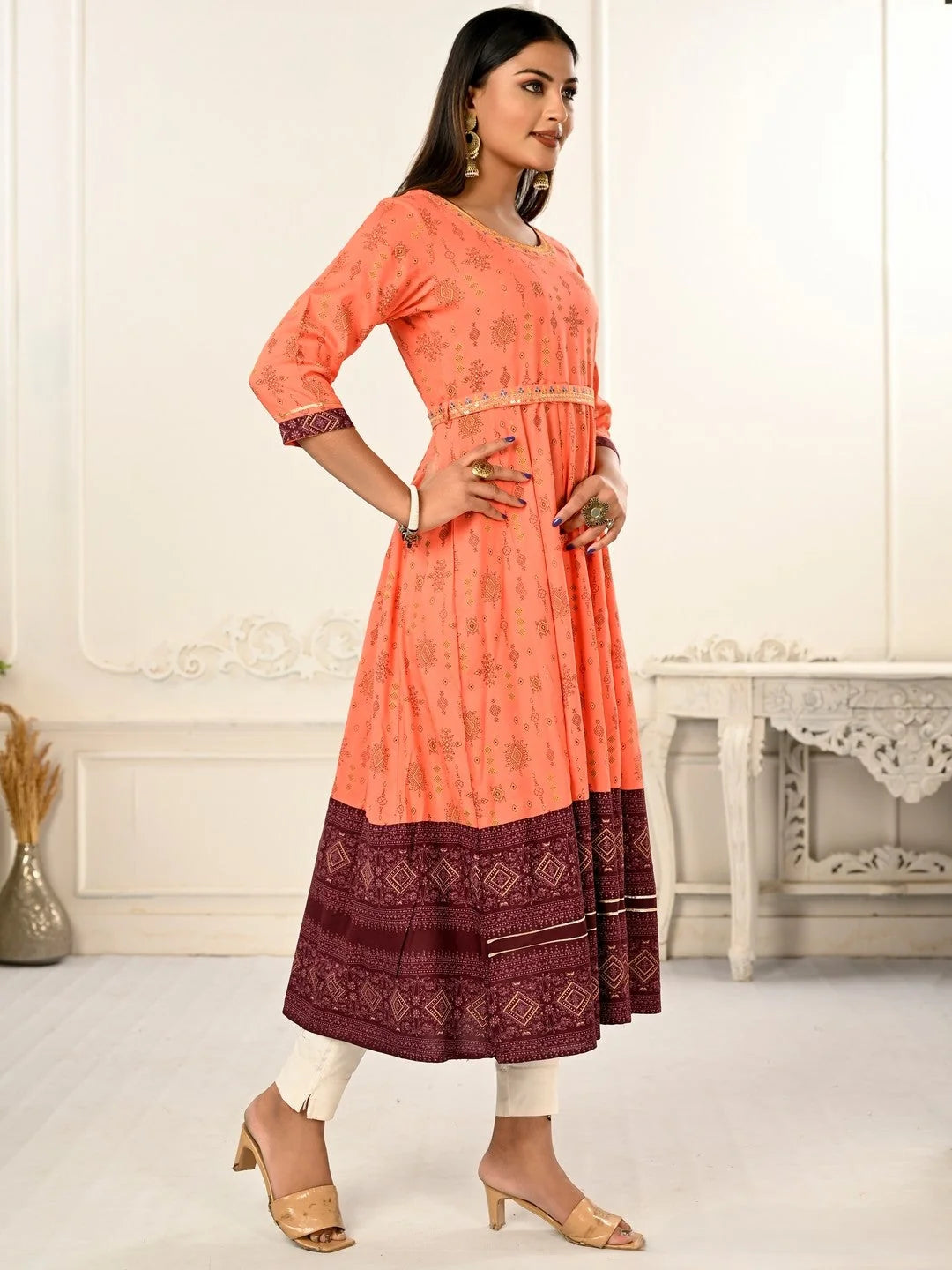 Orange Colour cotton hand print kurti with vibrant patterns