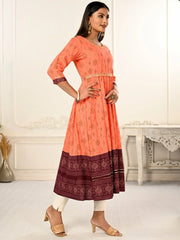 Orange Colour cotton hand print kurti with vibrant patterns-MLWSHKT8020ORG