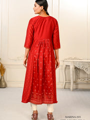 Red Colour cotton hand print kurti with vibrant patterns-MLWSHKT8018RED