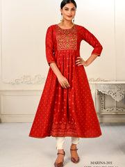 Red Colour cotton hand print kurti with vibrant patterns-MLWSHKT8018RED