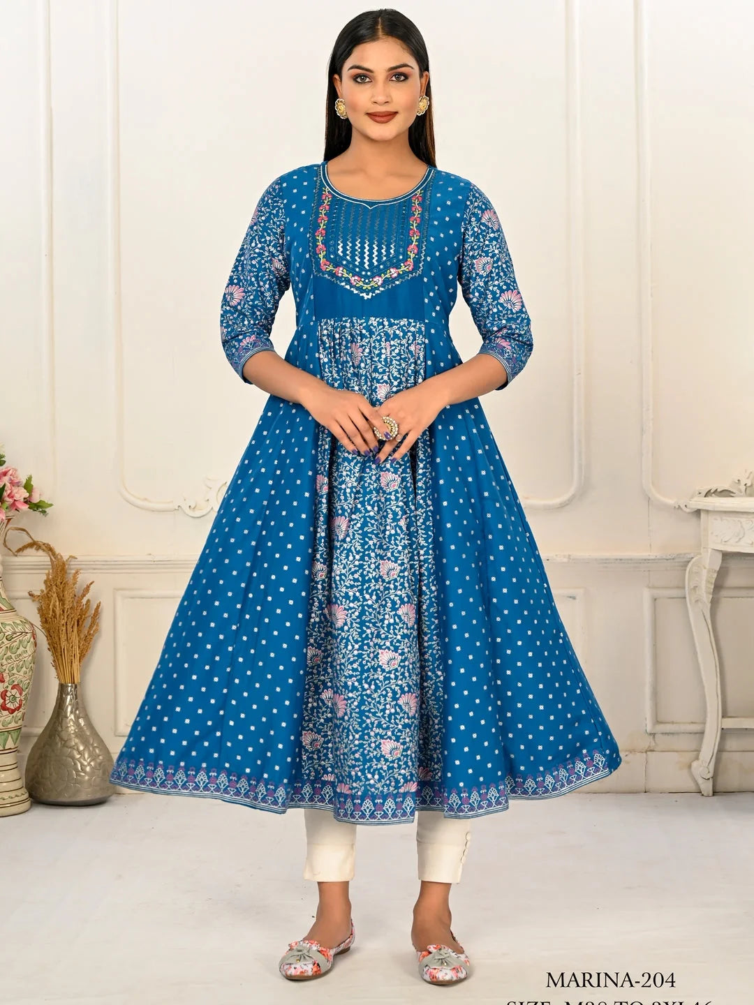 Blue Colour cotton hand print kurti with vibrant patterns
