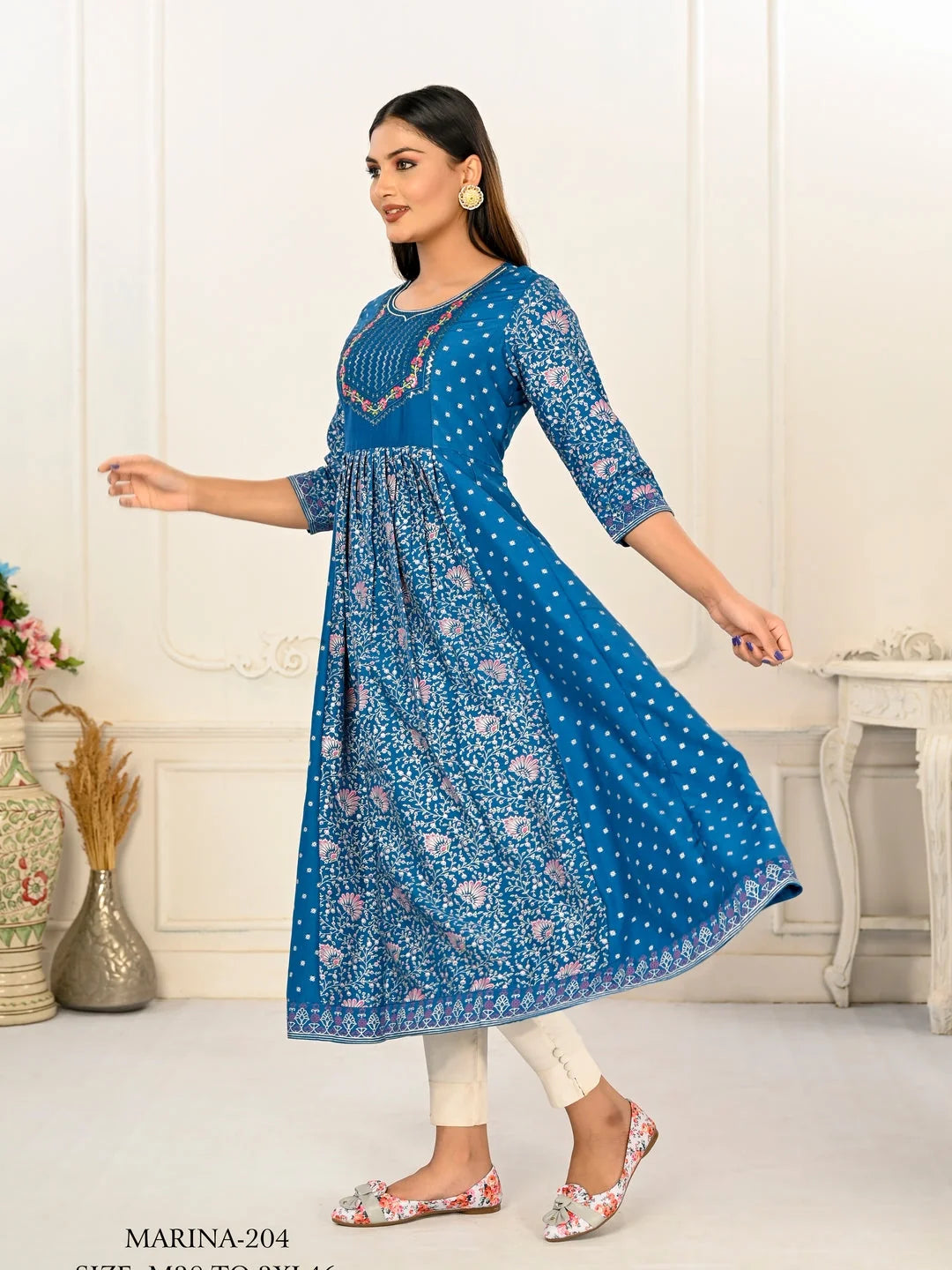 Blue Colour cotton hand print kurti with vibrant patterns