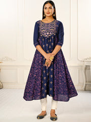 Blue Colour cotton hand print kurti with vibrant patterns-MLWSHKT8016BLU