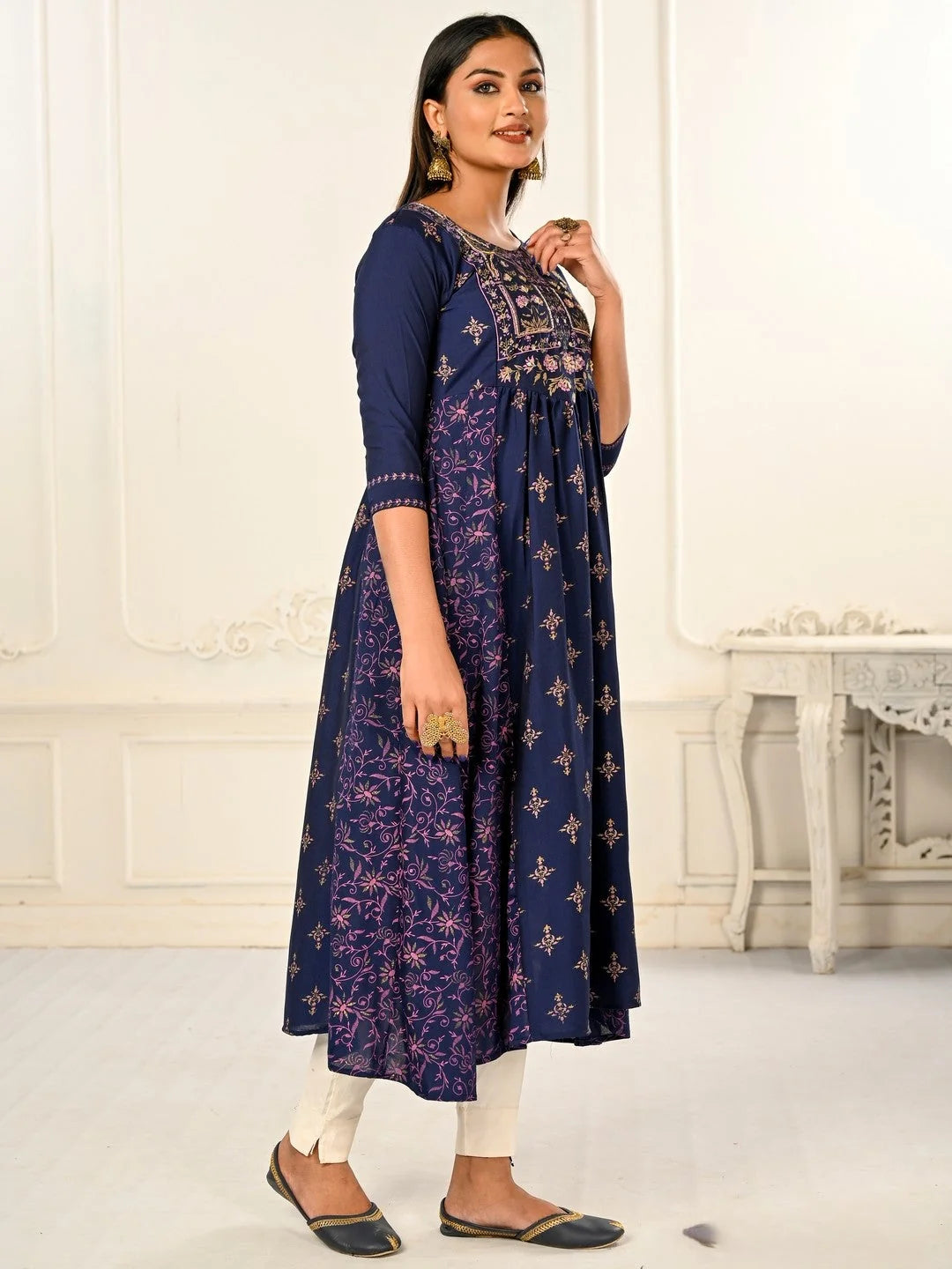 Blue Colour cotton hand print kurti with vibrant patterns