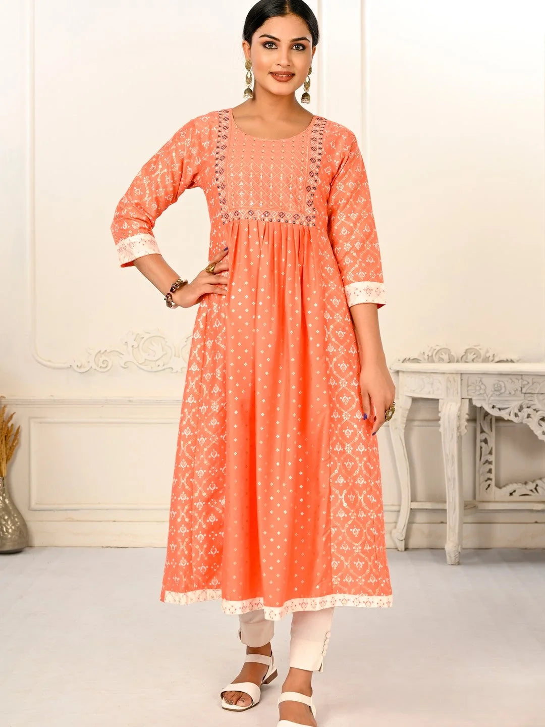 Orange Colour cotton hand print kurti with vibrant patterns-MLWSHKT8015ORG