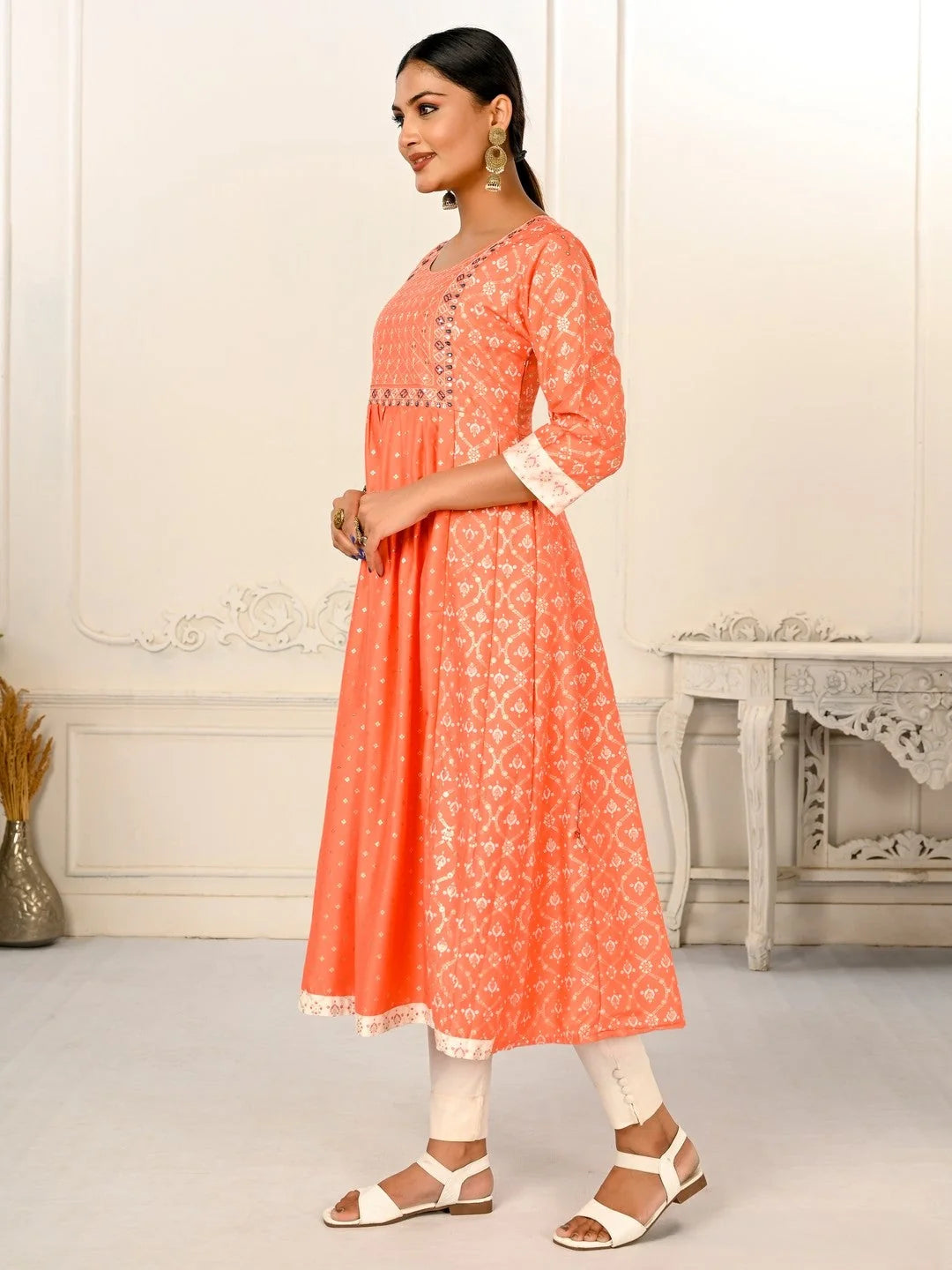 Orange Colour cotton hand print kurti with vibrant patterns