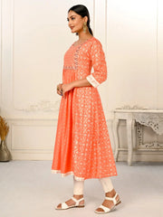 Orange Colour cotton hand print kurti with vibrant patterns-MLWSHKT8015ORG