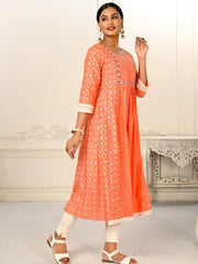 Orange Colour cotton hand print kurti with vibrant patterns-MLWSHKT8015ORG