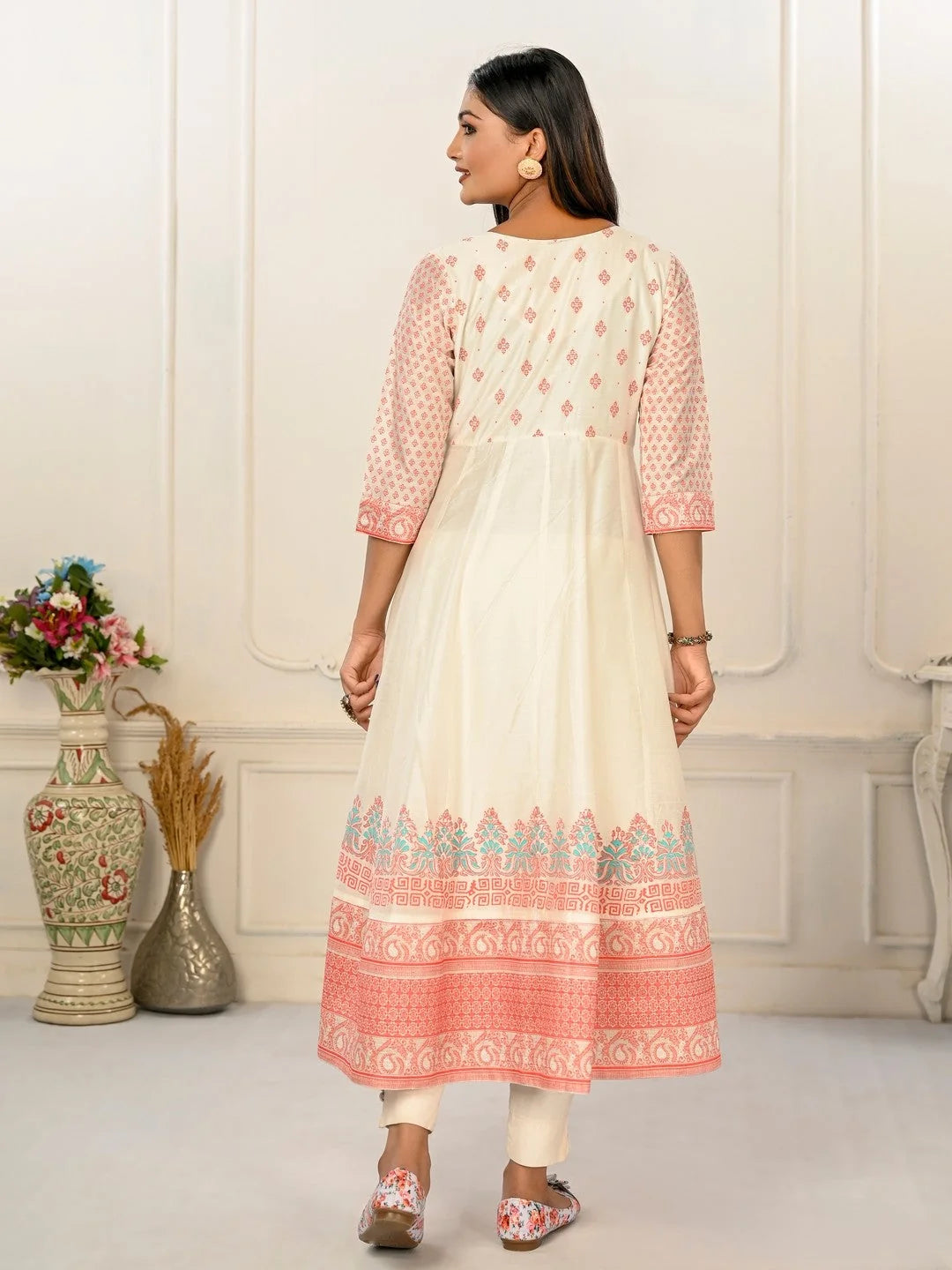 White Colour cotton hand print kurti with vibrant patterns