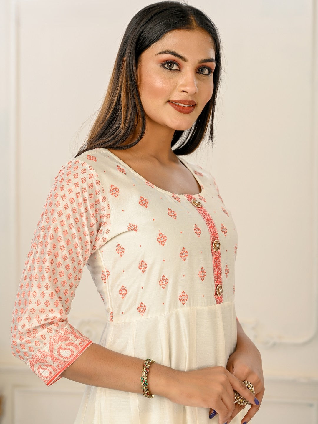 White Colour cotton hand print kurti with vibrant patterns