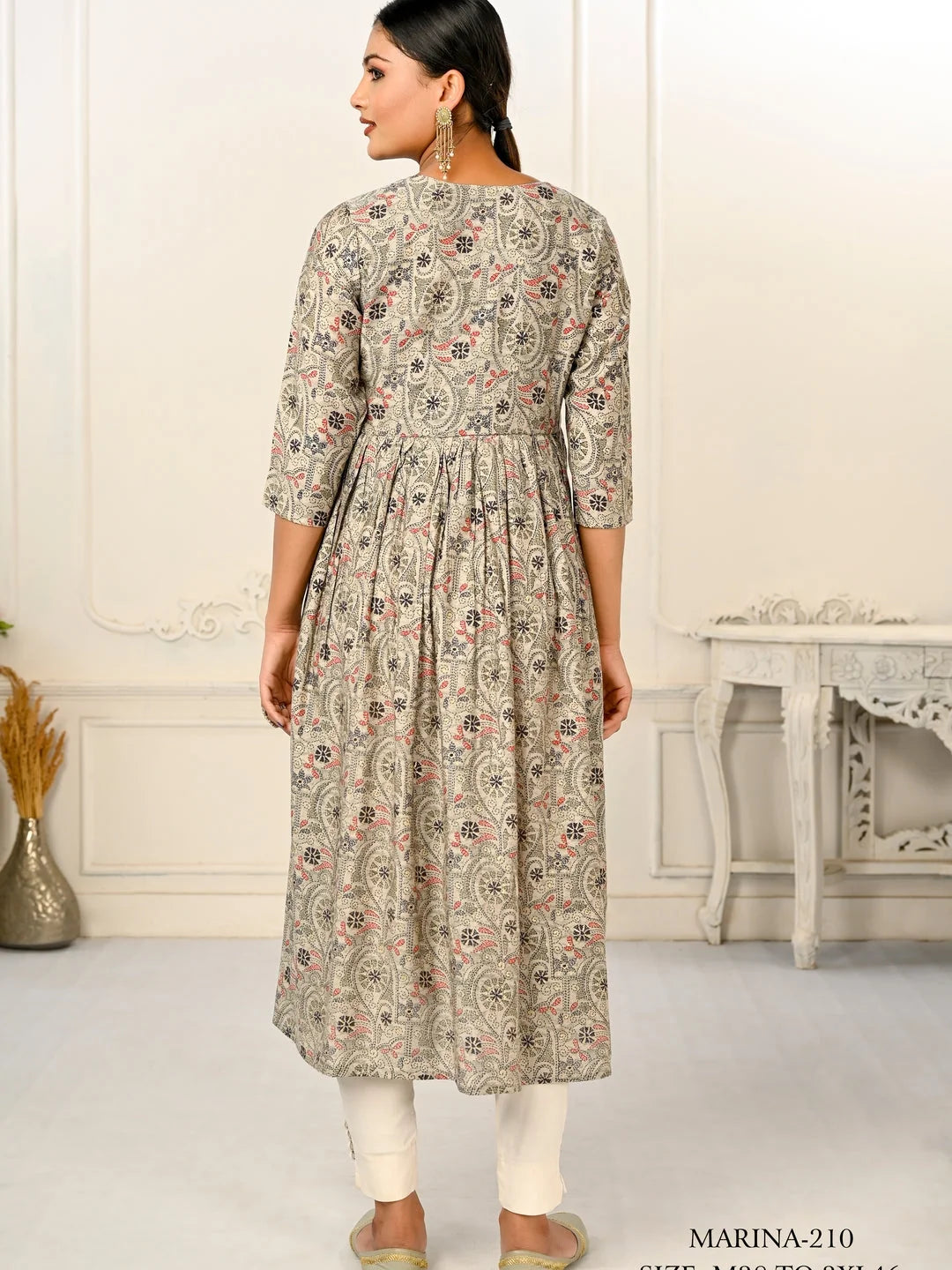 Grey Colour cotton hand print kurti with vibrant patterns