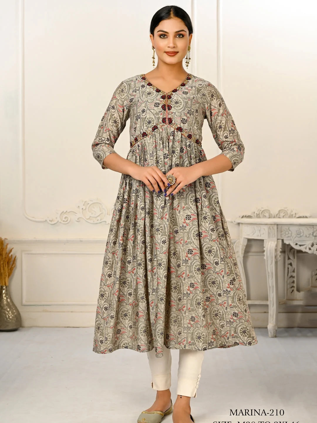 Grey Colour cotton hand print kurti with vibrant patterns