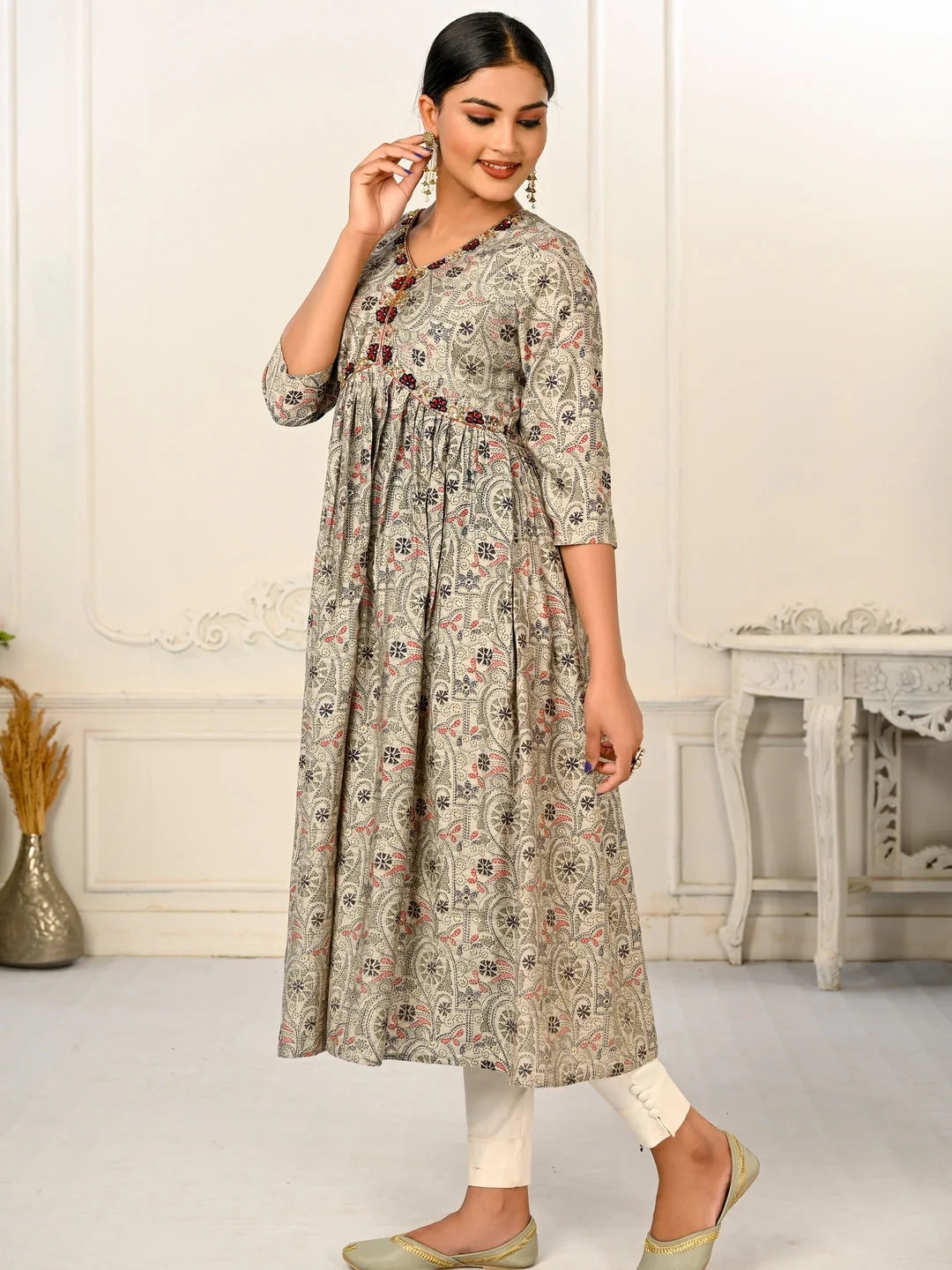 Grey Colour cotton hand print kurti with vibrant patterns