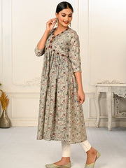 Grey Colour cotton hand print kurti with vibrant patterns-MLWSHKT8011GRY
