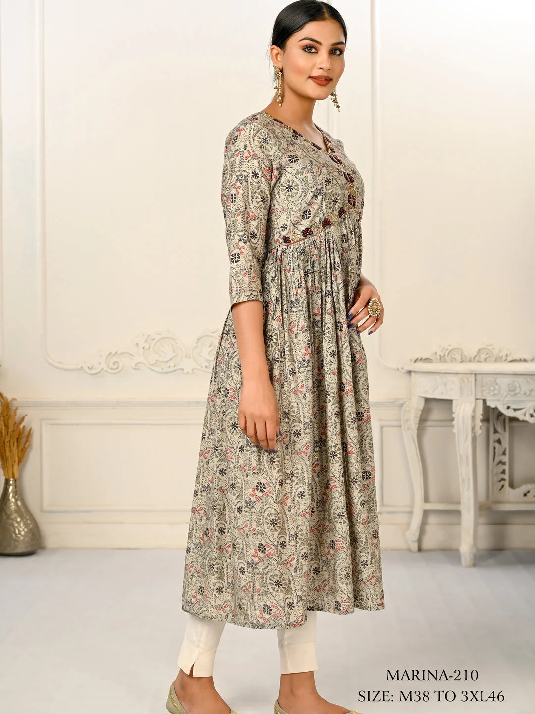 Grey Colour cotton hand print kurti with vibrant patterns