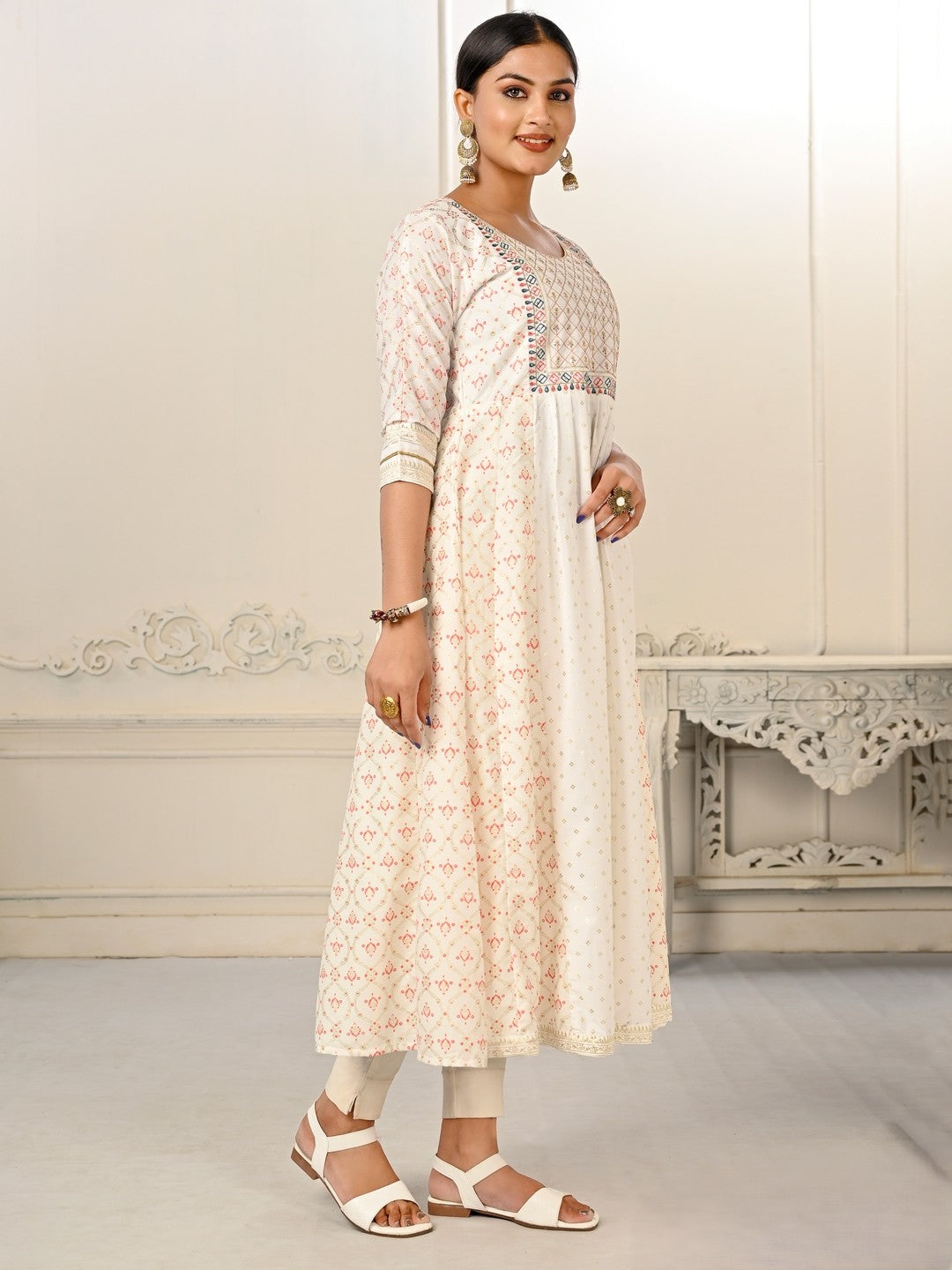 White Colour cotton hand print kurti with vibrant patterns