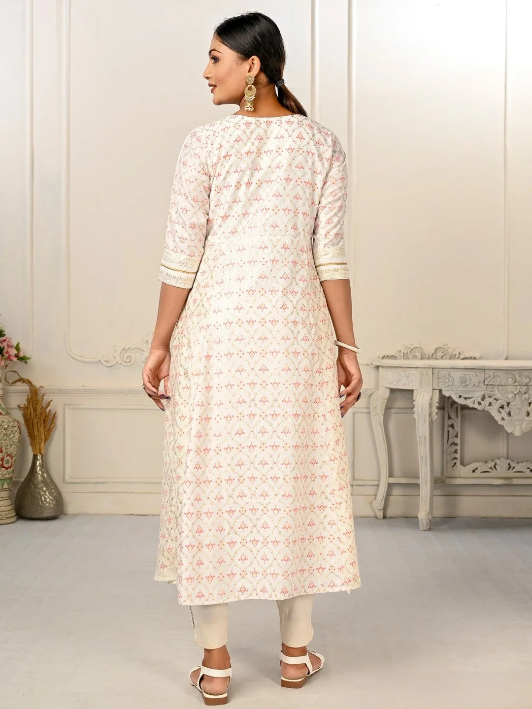 White Colour cotton hand print kurti with vibrant patterns