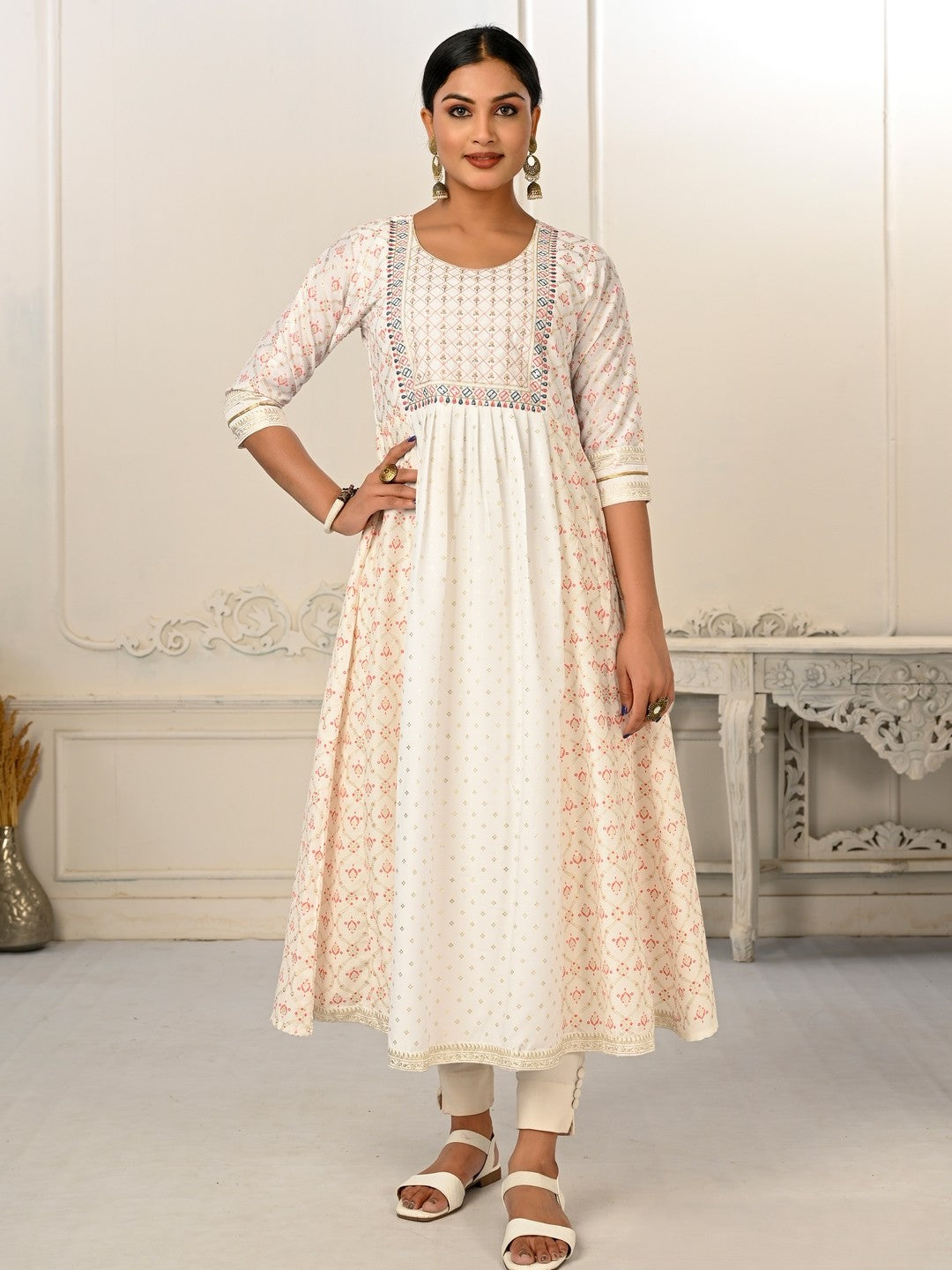 White Colour cotton hand print kurti with vibrant patterns-MLWSHKT8008WHT