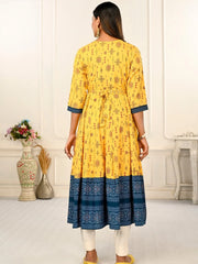 Yellow Colour cotton hand print kurti with vibrant patterns-MLWSHKT8007YLW