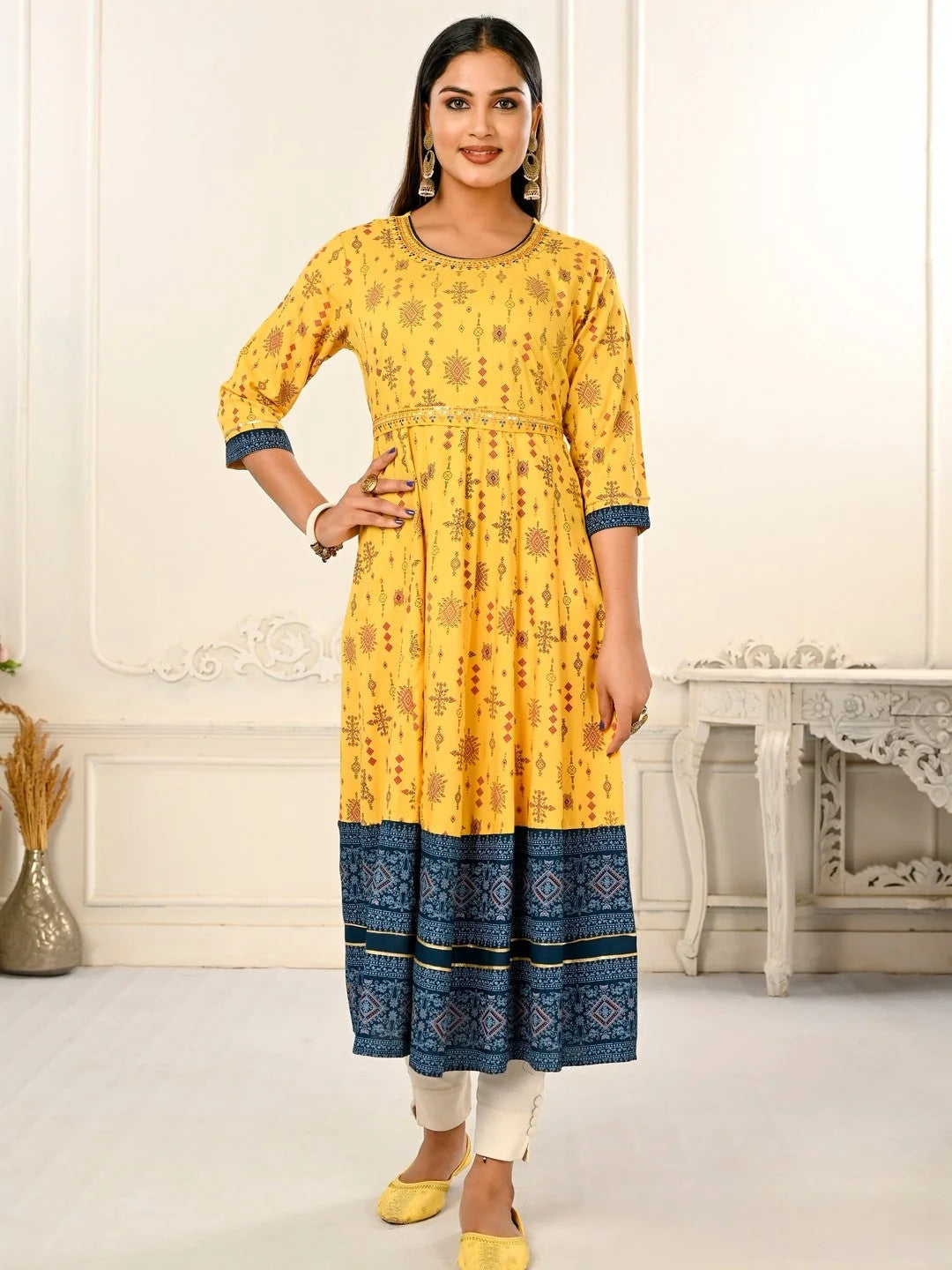 Yellow Colour cotton hand print kurti with vibrant patterns