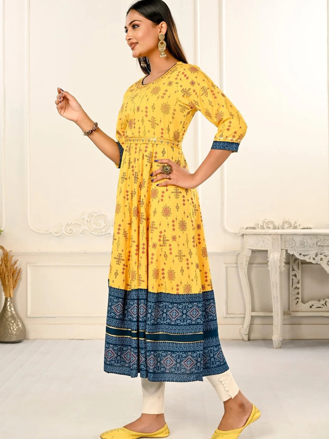 Yellow Colour cotton hand print kurti with vibrant patterns
