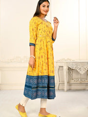 Yellow Colour cotton hand print kurti with vibrant patterns-MLWSHKT8007YLW