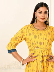 Yellow Colour cotton hand print kurti with vibrant patterns-MLWSHKT8007YLW