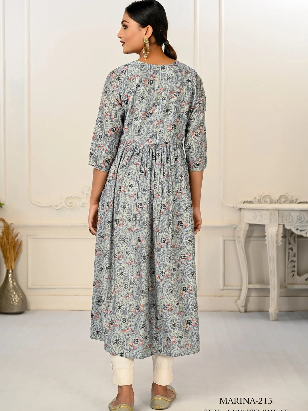 Grey Colour cotton hand print kurti with vibrant patterns