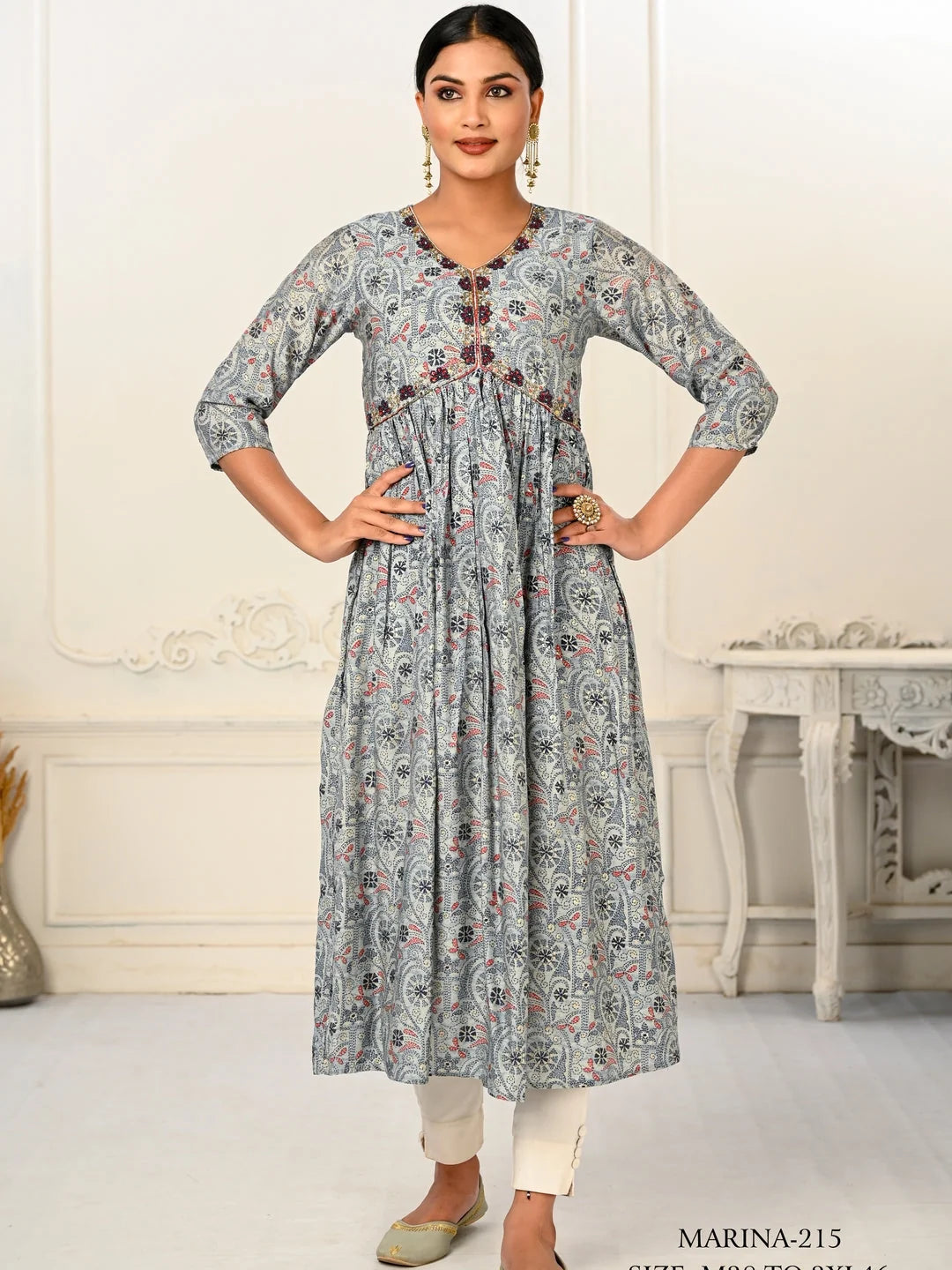 Grey Colour cotton hand print kurti with vibrant patterns-MLWSHKT8006GRY