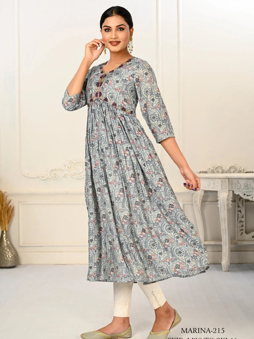 Grey Colour cotton hand print kurti with vibrant patterns