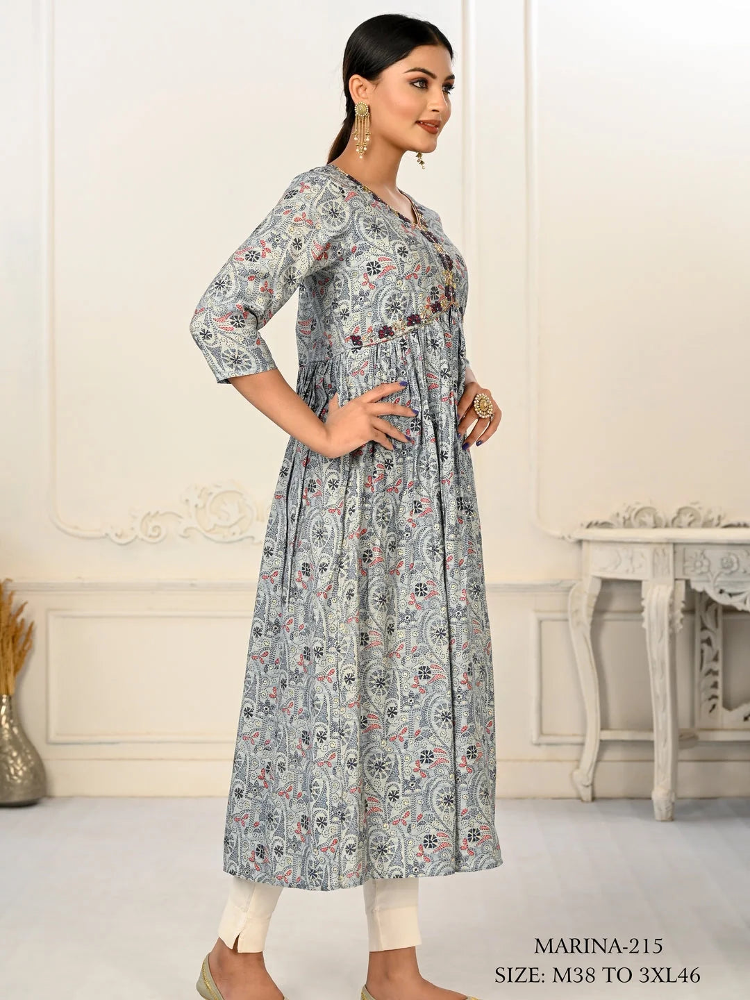 Grey Colour cotton hand print kurti with vibrant patterns