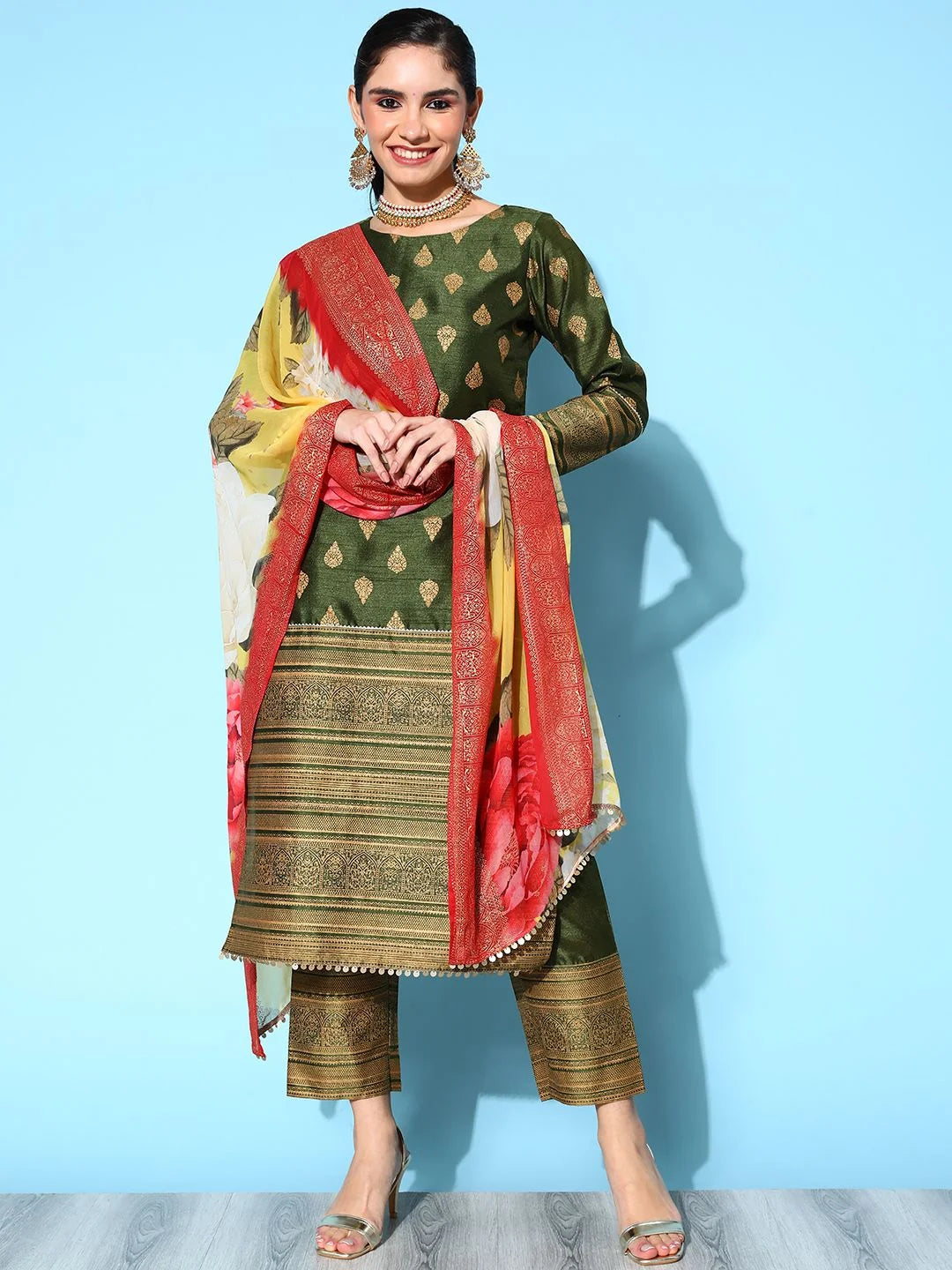 Olive Green Printed Kurta Pant Dupatta Set | Indian Kurta Sets