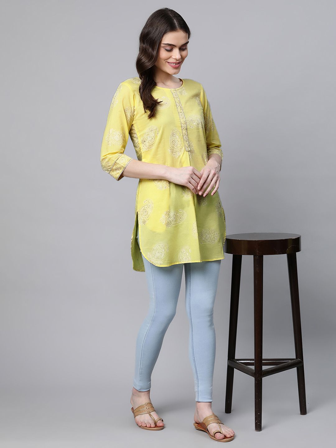 Yellow Glitter Print Tunic Top - Cotton Indian Kurta for Women