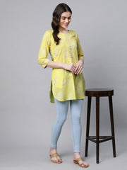 Yellow Pure Cotton Glitter Print Tunic-AHTUCORG-8074