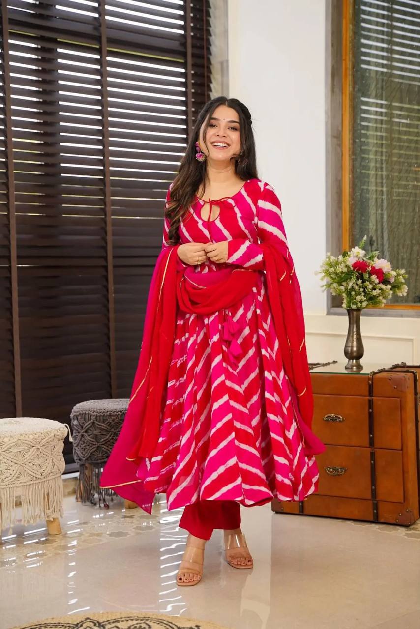 Women's Red Organza Digital Print Anarkali Kurta Pant With Dupatta-MED3-TD-6001-RED