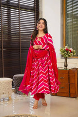 Women's Red Organza Digital Print Anarkali Kurta Pant With Dupatta-MED3-TD-6001-RED