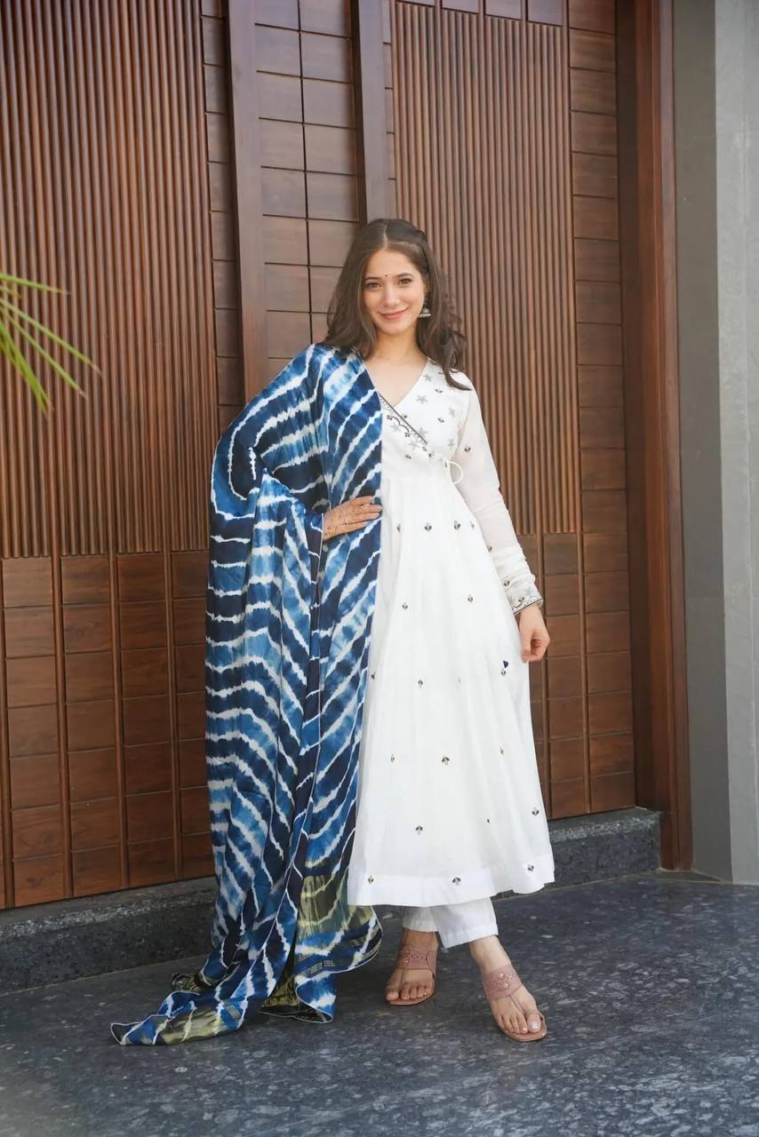 Women's White Roman Cotton Embroidered Anarkali Kurta Pant With Dupatta