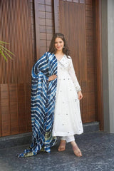 Women's White Roman Cotton Embroidered Anarkali Kurta Pant With Dupatta-MED3-TD-6002-WHITE